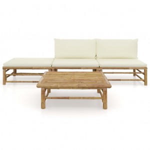 4 pcs conj. lounge p/ jardim em bambu c/ almofadões branco nata H