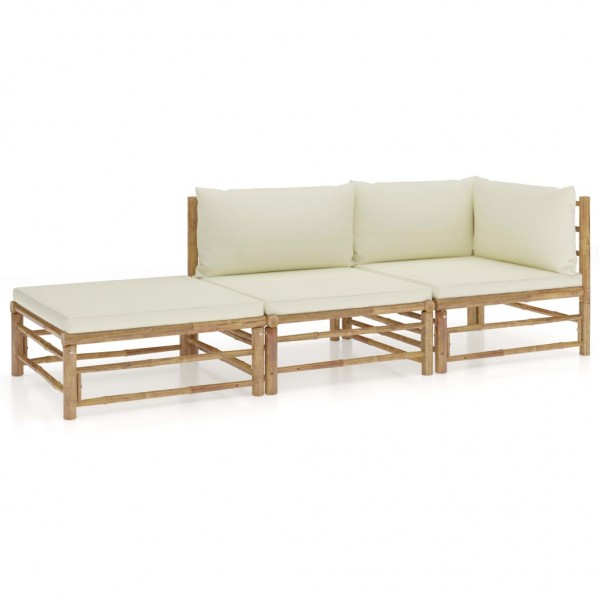 3 pcs conj. lounge p/ jardim em bambu c/ almofadões branco nata D