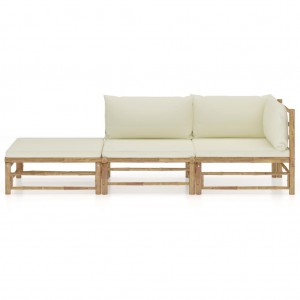 3 pcs conj. lounge p/ jardim em bambu c/ almofadões branco nata H