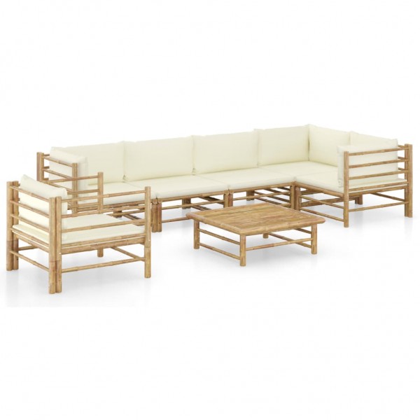 7 pcs conj. lounge p/ jardim em bambu c/ almofadões branco nata D