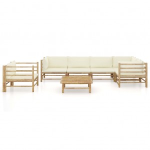 7 pcs conj. lounge p/ jardim em bambu c/ almofadões branco nata H