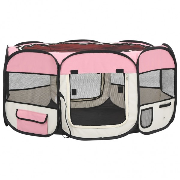 Parque de perros plegable y bolsa transporte rosa 145x145x61cm M 2