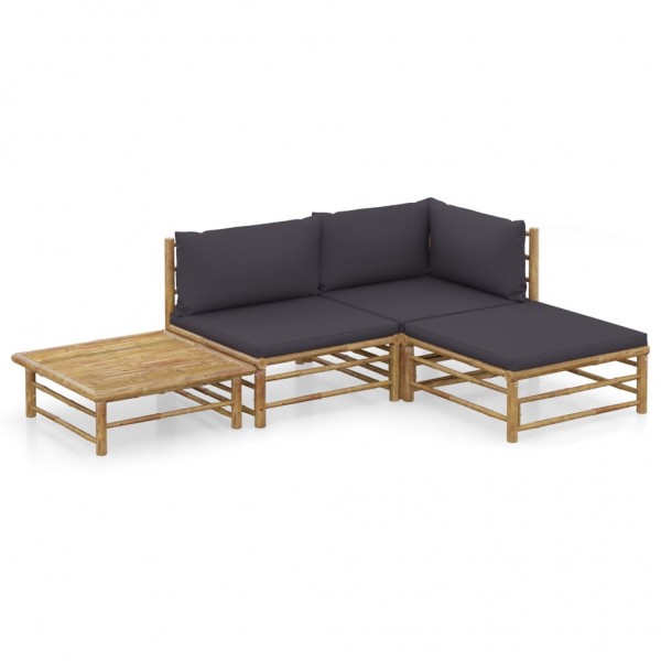 4 pcs conj. lounge jardim em bambu c/ almofadões cinza-escuro D