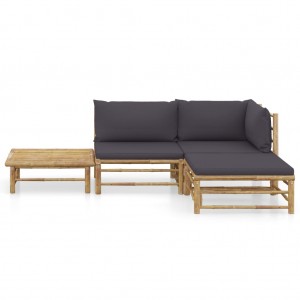 4 pcs conj. lounge jardim em bambu c/ almofadões cinza-escuro H