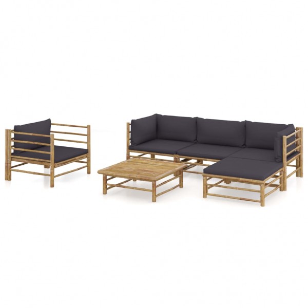 6 pcs conj. lounge jardim em bambu c/ almofadões cinza-escuro D