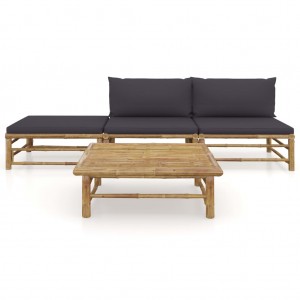 4 pcs conj. lounge jardim em bambu c/ almofadões cinza-escuro H