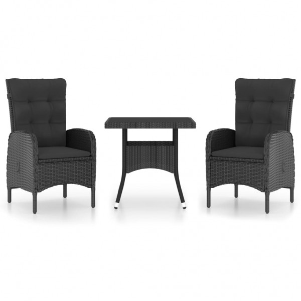 3 pcs conjunto de jantar para jardim vime PE e vidro preto D