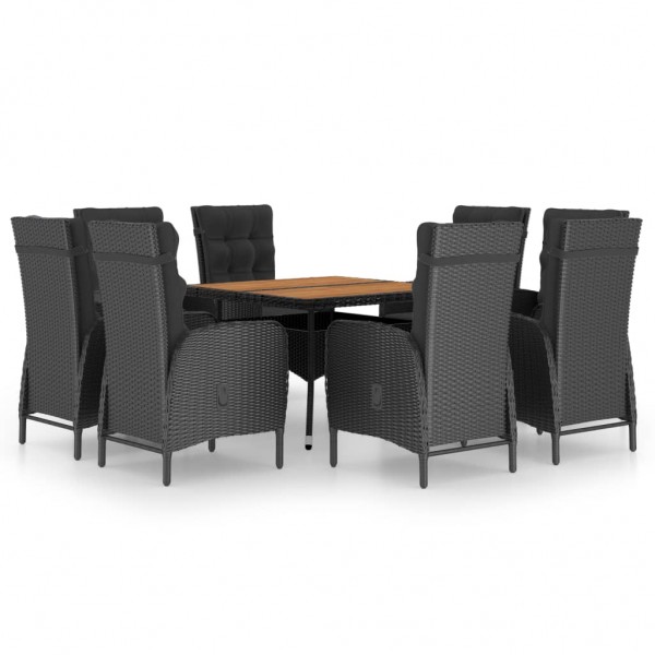 Set de comedor de jardín 9 pzas ratán PE y madera acacia negro D
