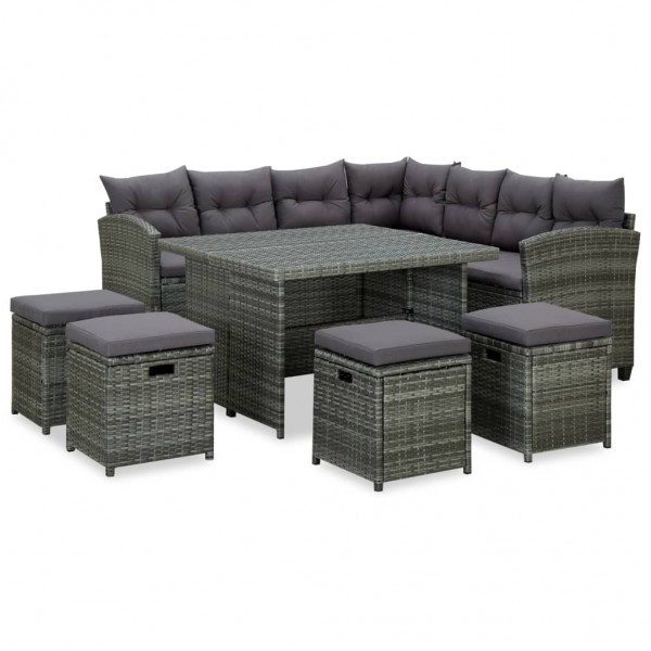 6 pcs conjunto lounge de jardim c/ almofadões vime PE cinzento D
