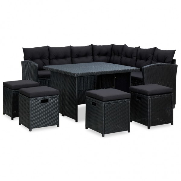 6 pcs conjunto lounge de jardim c/ almofadões vime PE preto D