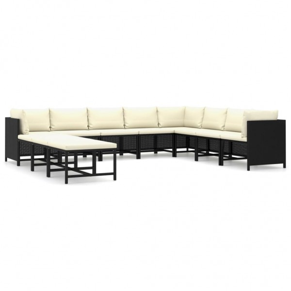 11 pcs conjunto lounge de jardim c/ almofadões vime PE preto D