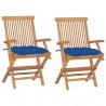 Cadeiras de jardim c/ almofadões azuis 2 pcs teca maciça 1