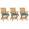Cadeiras de jardim c/ almofadões azul-claro 3 pcs teca maciça 1