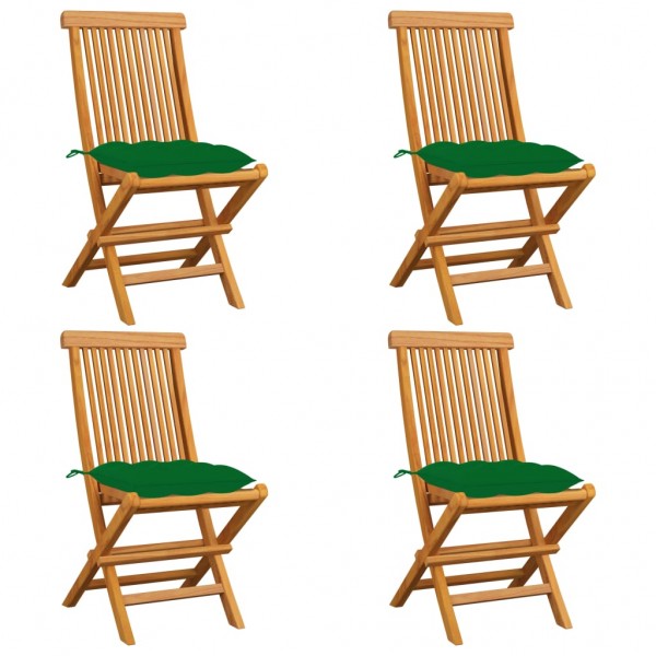 Sillas de jardín 4 uds madera maciza de teca con cojines verdes D