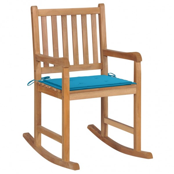 Silla mecedora de madera maciza de teca con cojín azul D