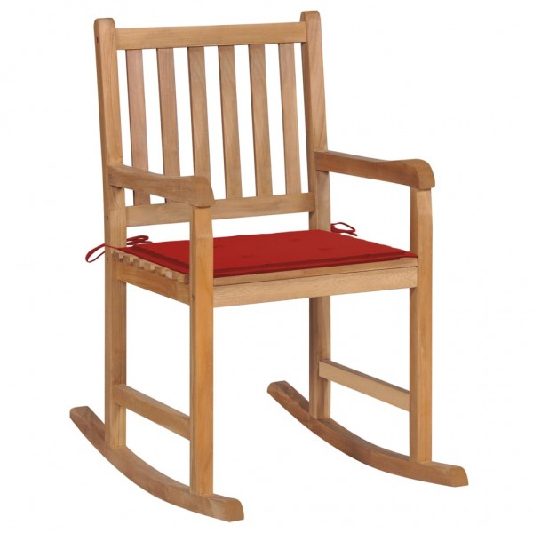 Silla mecedora de madera maciza de teca con cojín rojo D