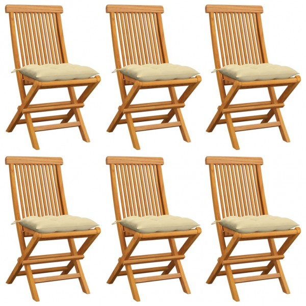 Sillas de jardín 6 uds madera de teca con cojines blanco crema D
