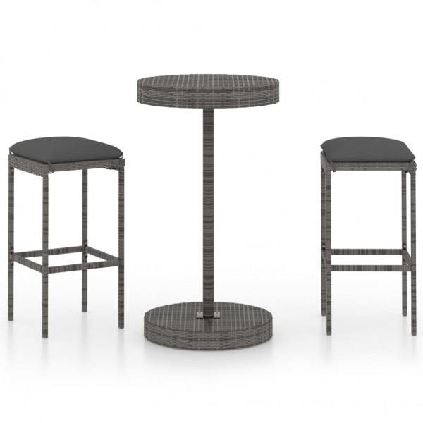 Set muebles bar jardín 3 piezas y cojines ratán sintético gris D