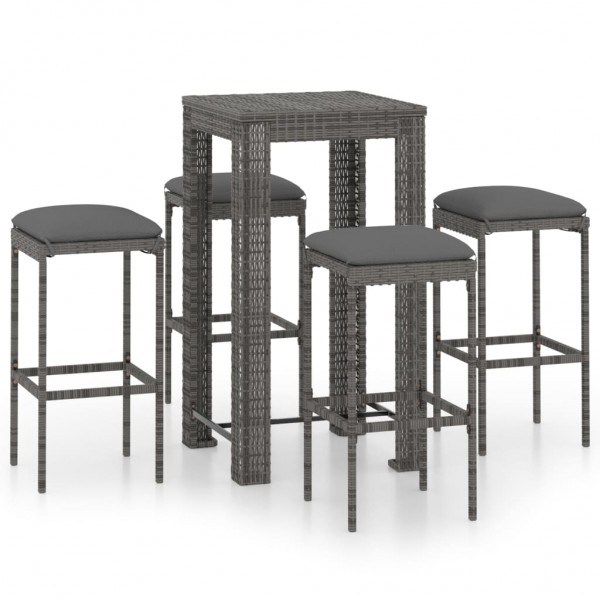 Set muebles bar jardín 5 piezas y cojines ratán sintético gris D