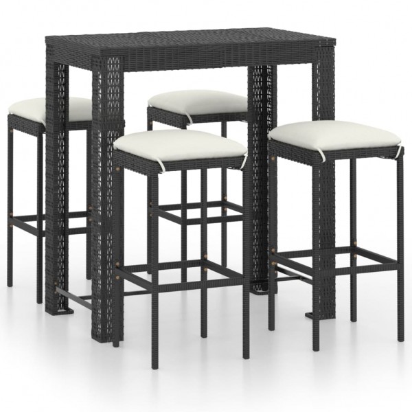 Set muebles bar jardín 5 piezas y cojines ratán sintético negro D