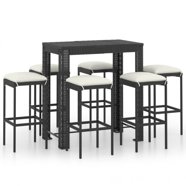 Set muebles bar jardín 7 piezas y cojines ratán sintético negro D