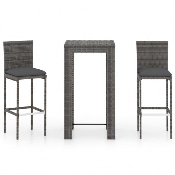 Set muebles bar jardín 3 piezas y cojines ratán sintético gris D