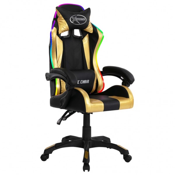 Silla gaming con luces LED RGB cuero sintético dorado y negro M 2
