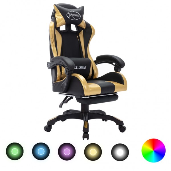 Silla gaming con luces LED RGB cuero sintético dorado y negro D