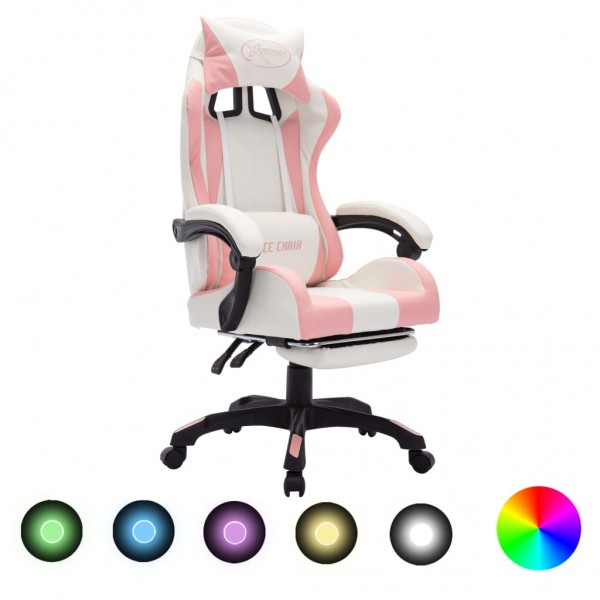 Silla gaming con luces LED RGB cuero sintético rosa y blanco D