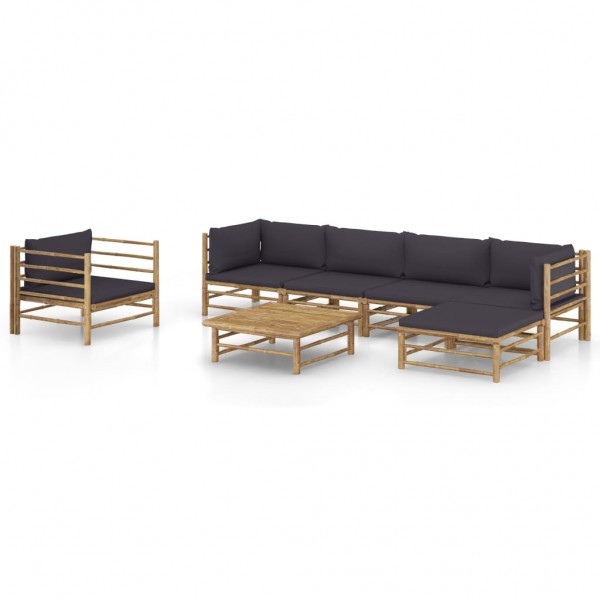 7 pcs conj. lounge jardim em bambu c/ almofadões cinza-escuro D