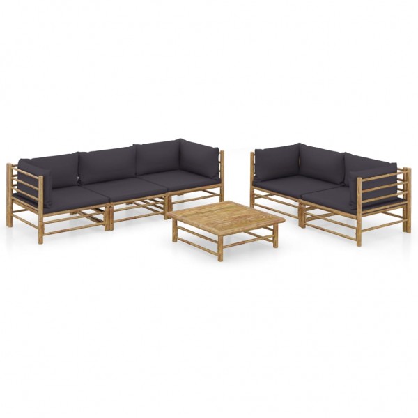 6 pcs conj. lounge jardim em bambu c/ almofadões cinza-escuro D