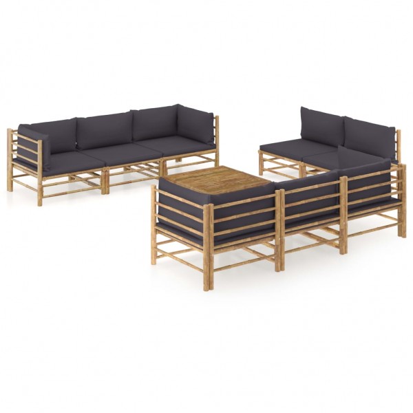 9 pcs conj. lounge jardim em bambu c/ almofadões cinza-escuro D