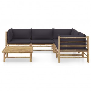 6 pcs conj. lounge jardim em bambu c/ almofadões cinza-escuro H