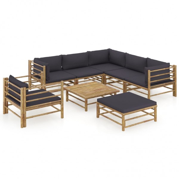 8 pcs conj. lounge jardim em bambu c/ almofadões cinza-escuro D