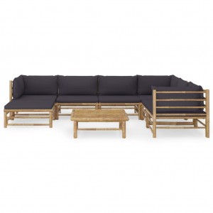 8 pcs conj. lounge jardim em bambu c/ almofadões cinza-escuro H