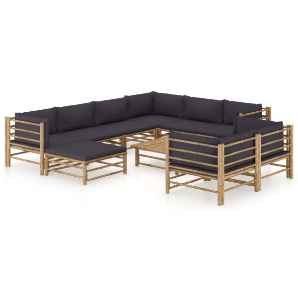 Set de muebles de jardín 10 pzas bambú con cojines gris oscuro D