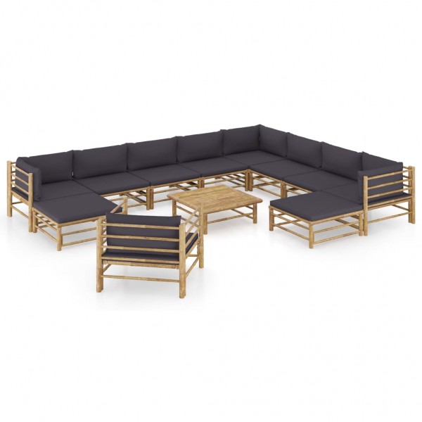 Set de muebles de jardín 12 pzas bambú con cojines gris oscuro D