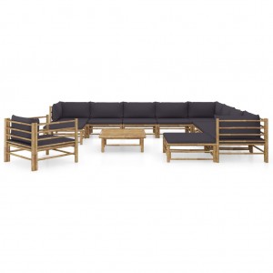 Set de muebles de jardín 12 pzas bambú con cojines gris oscuro H