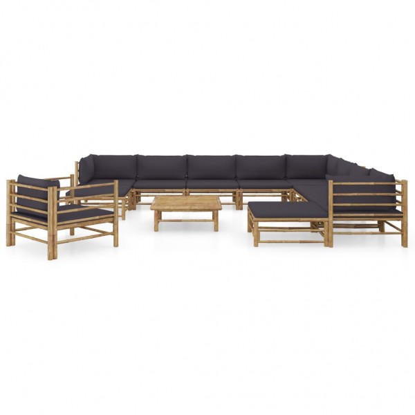 Set de muebles de jardín 12 pzas bambú con cojines gris oscuro M 2