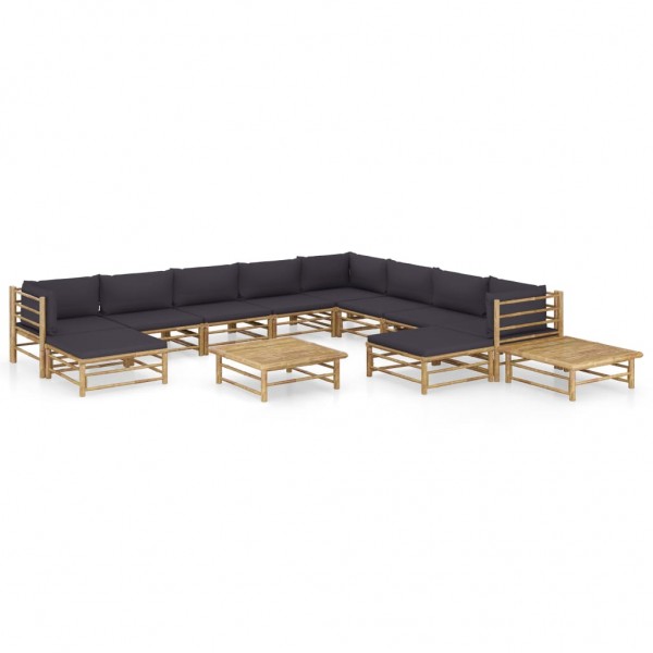 Set de muebles de jardín 12 pzas bambú con cojines gris oscuro D