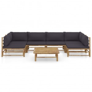 7 pcs conj. lounge jardim em bambu c/ almofadões cinza-escuro H
