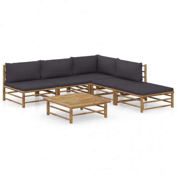 6 pcs conj. lounge jardim em bambu c/ almofadões cinza-escuro D