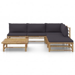 6 pcs conj. lounge jardim em bambu c/ almofadões cinza-escuro H