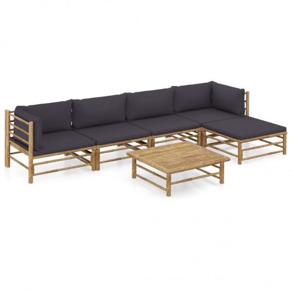 6 pcs conj. lounge jardim em bambu c/ almofadões cinza-escuro D