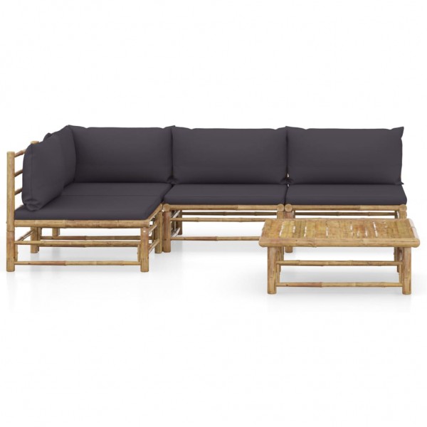 5 pcs conj. lounge jardim em bambu c/ almofadões cinza-escuro M 2