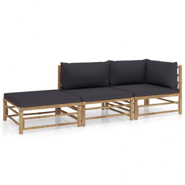 3 pcs conj. lounge jardim em bambu c/ almofadões cinza-escuro D