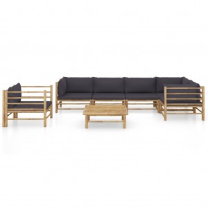 7 pcs conj. lounge jardim em bambu c/ almofadões cinza-escuro H