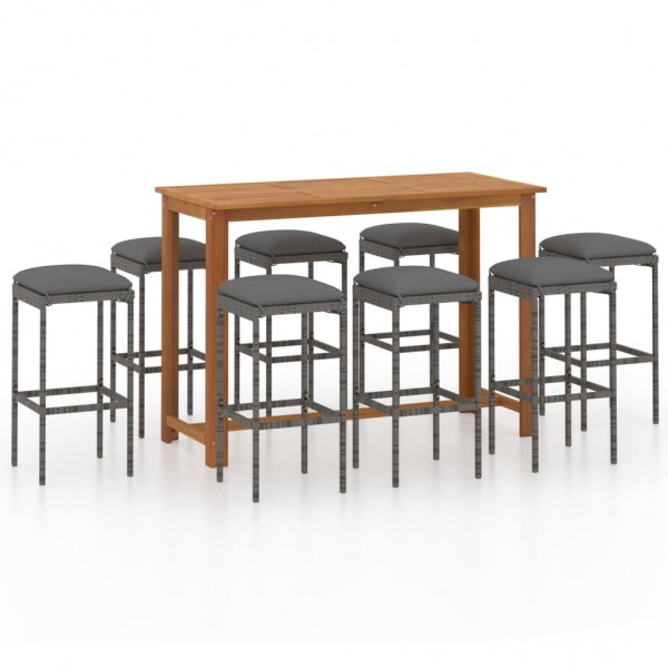 9 pcs conjunto de bar para jardim com almofadões cinzento D