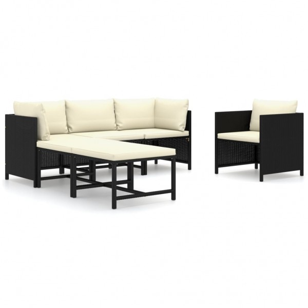 Set de muebles de jardín 6 pzas y cojines ratán sintético negro D