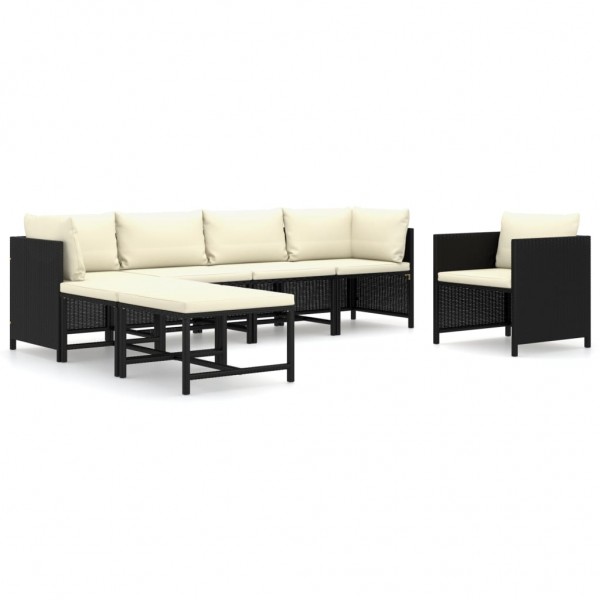 7 pcs conjunto lounge de jardim c/ almofadões vime PE preto D